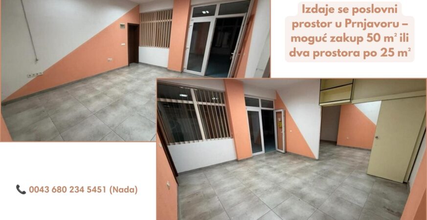 Izdaje se poslovni prostor u Prnjavoru โ moguฤ zakup 50 mยฒ ili dva prostora po 25 mยฒ