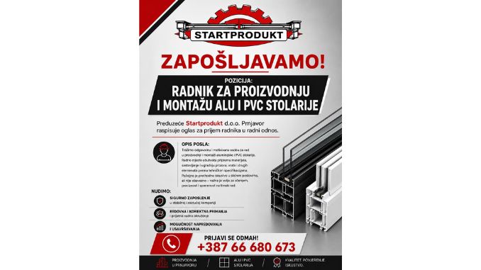 Startprodukt zapošljava radnika za proizvodnju i montažu ALU i PVC stolarije
