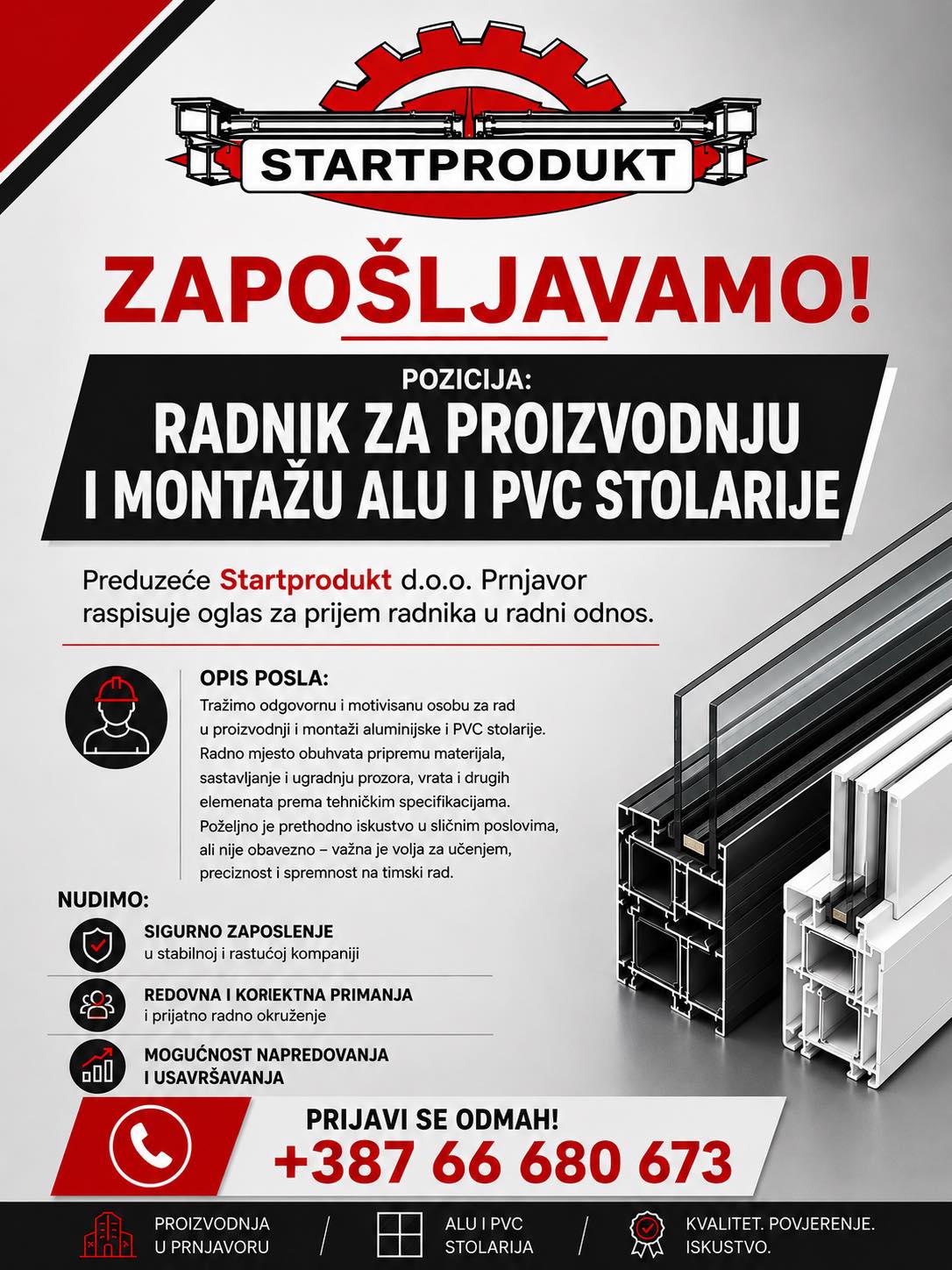 Startprodukt zapošljava radnika za proizvodnju i montažu ALU i PVC stolarije