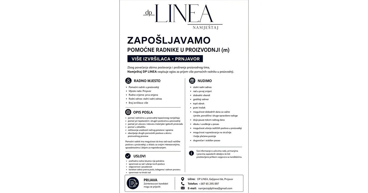 DP Linea u Prnjavoru zapošljava više pomoćnih radnika u proizvodnji