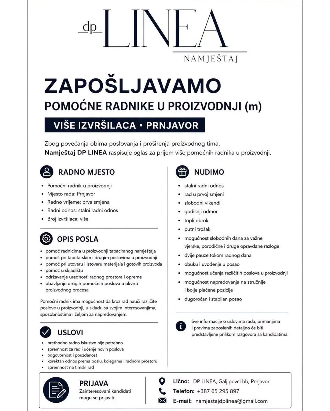 DP Linea u Prnjavoru zapošljava više pomoćnih radnika u proizvodnji