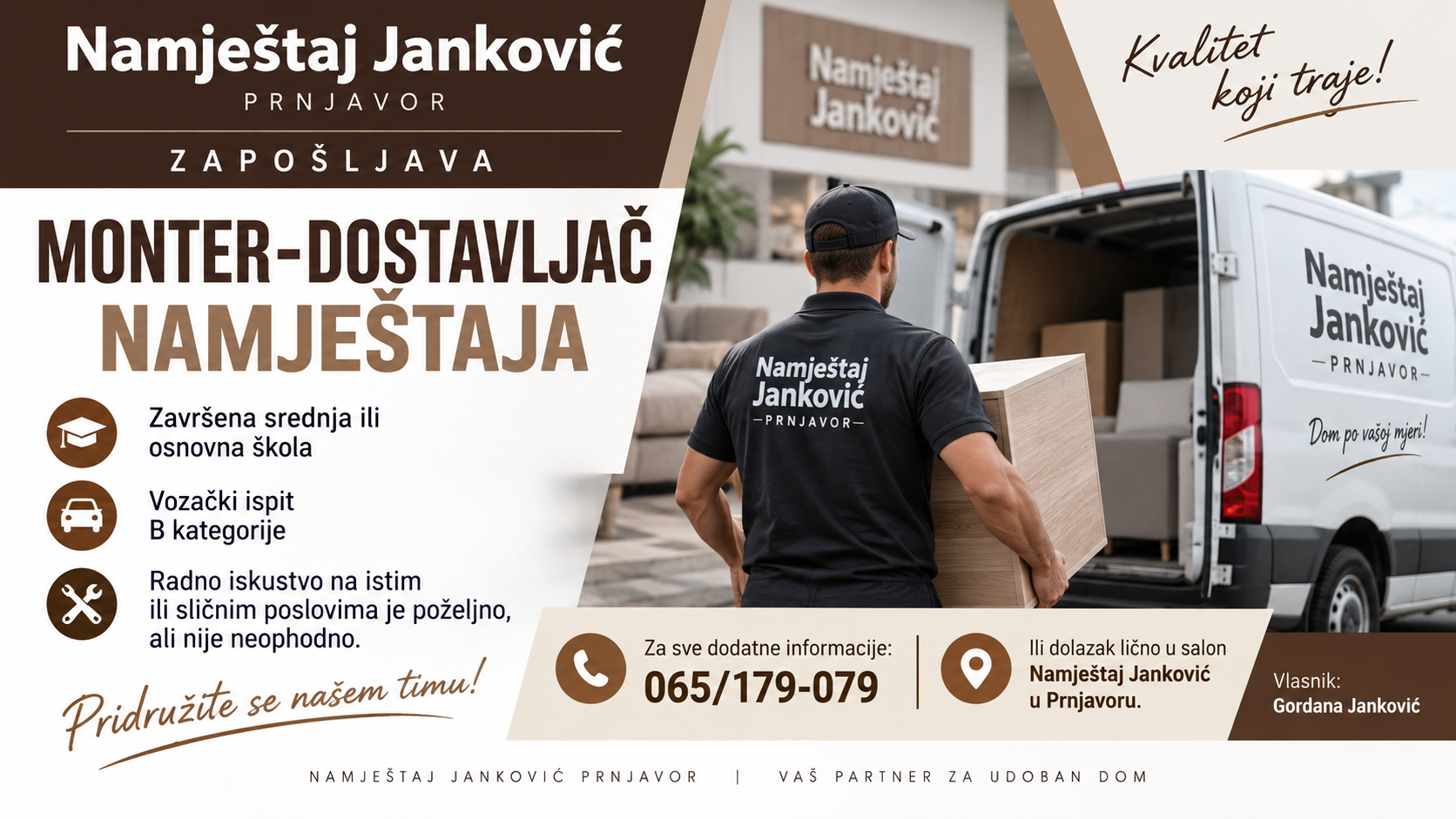 Namještaj Janković Prnjavor zapošljava monter-dostavljača namještaja