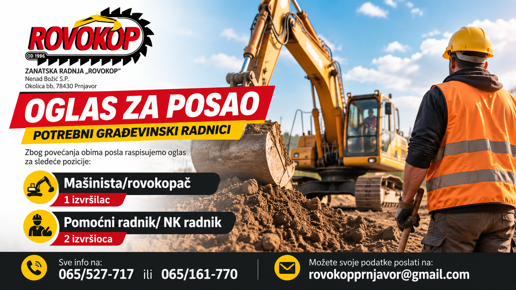 “Rovokop” Prnjavor zapošljava građevinske radnike