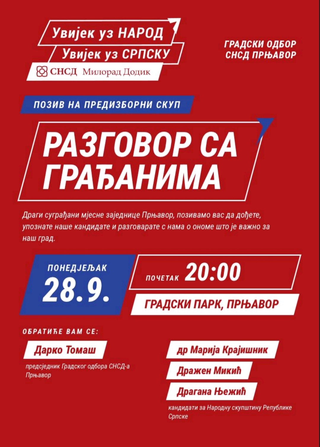 СНСД Прњавор вечерас организује „Разговор са грађанима“ у градском парку