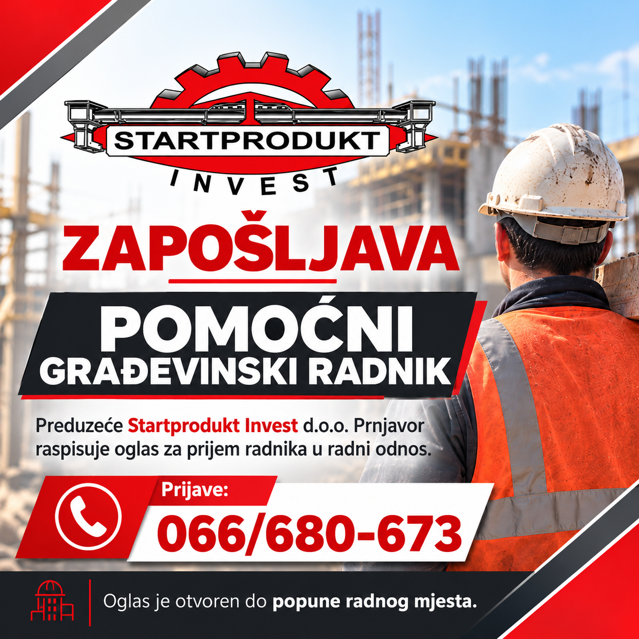 Startprodukt Invest zapošljava pomoćnog građevinskog radnika