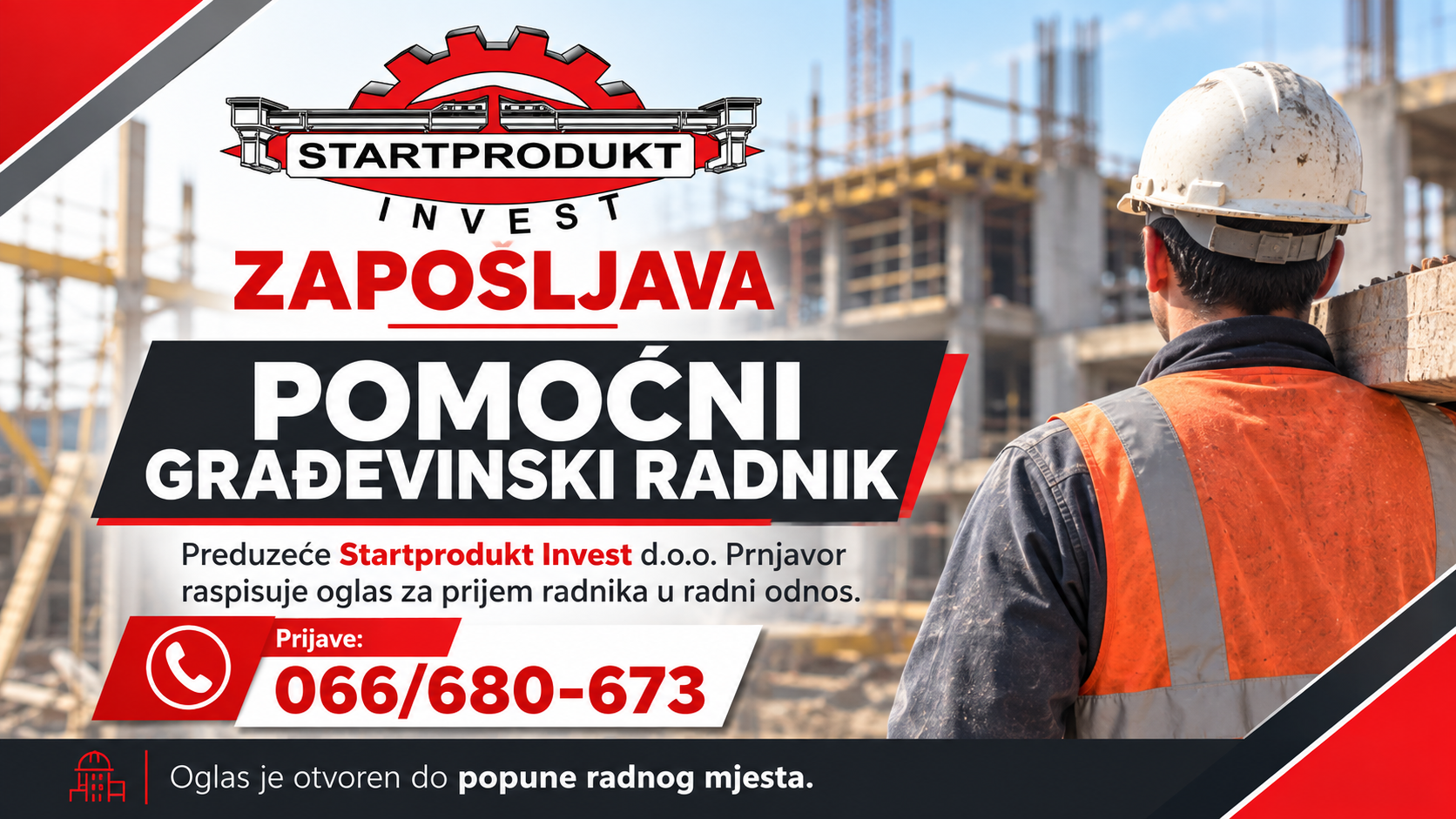 Startprodukt Invest zapošljava pomoćnog građevinskog radnika