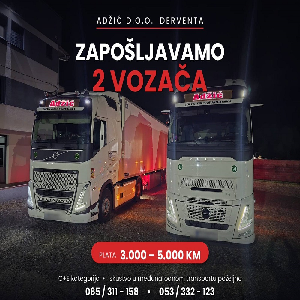 Adžić d.o.o. Derventa zapošljava vozače za međunarodni transport – plata do 5.000 KM